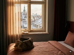 Packed travel bag on a made bed in a Leipzig hotel room with amber afternoon light and historic rooftops visible through sheer curtains.
