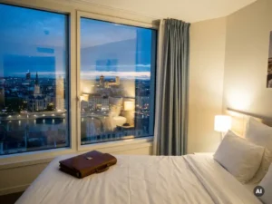 Leather briefcase on white hotel bed with Lyon's dusk skyline glowing amber through the window.