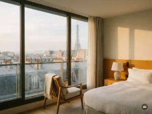 Hotel room window overlooking Parisian rooftops with the Eiffel Tower in the distance, bathed in soft golden morning light.