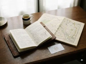 Worn leather travel journal open beside a Paris arrondissements map, hotel key card, and espresso cup on a dark oak desk.