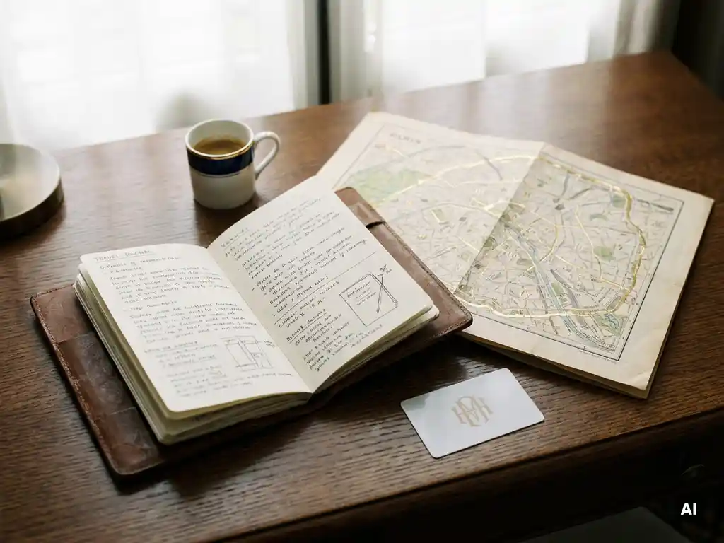 Worn leather travel journal open beside a Paris arrondissements map, hotel key card, and espresso cup on a dark oak desk.