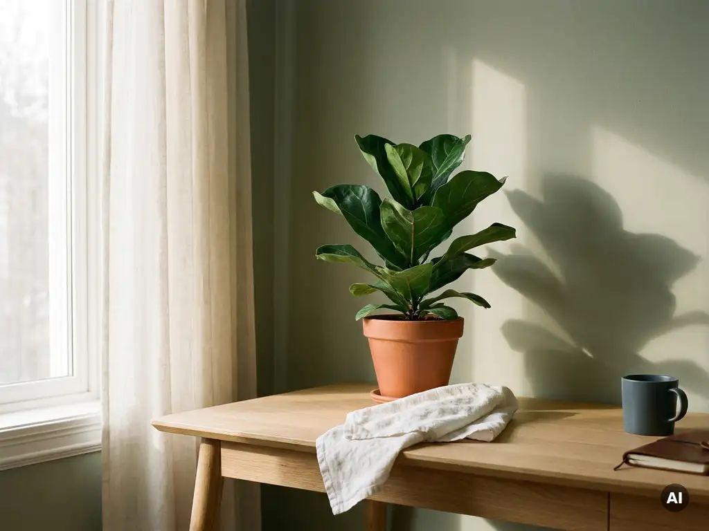 Lush green potted plant on a pale oak hotel desk beside a folded white linen towel, warm natural light through a sheer curtain.
