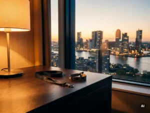 Conference lanyard and concert wristband on a hotel bedside table with Rotterdam's illuminated skyline at golden dusk through the window.