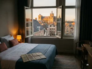 Cozy hotel room with a folded city map on white linen, amber lamp glowing, and 's-Hertogenbosch skyline at golden hour through the window.