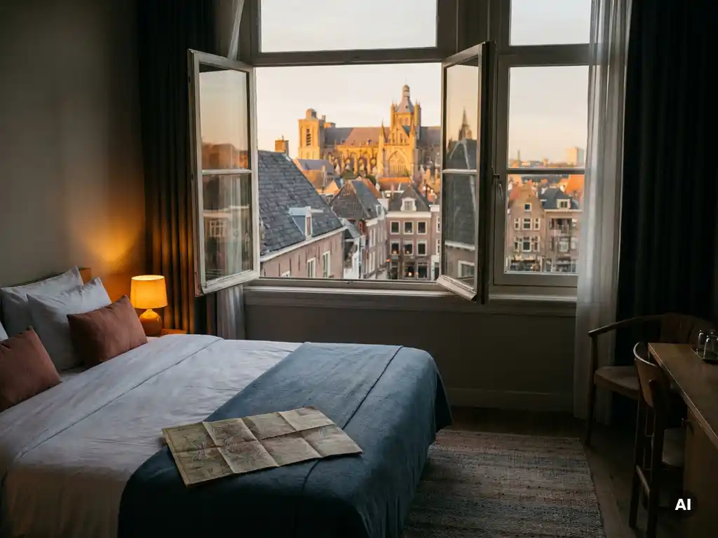 Cozy hotel room with a folded city map on white linen, amber lamp glowing, and 's-Hertogenbosch skyline at golden hour through the window.