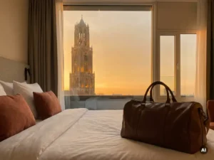 Packed travel bag on white hotel bed with Utrecht's Dom Tower visible through a golden-hour window.