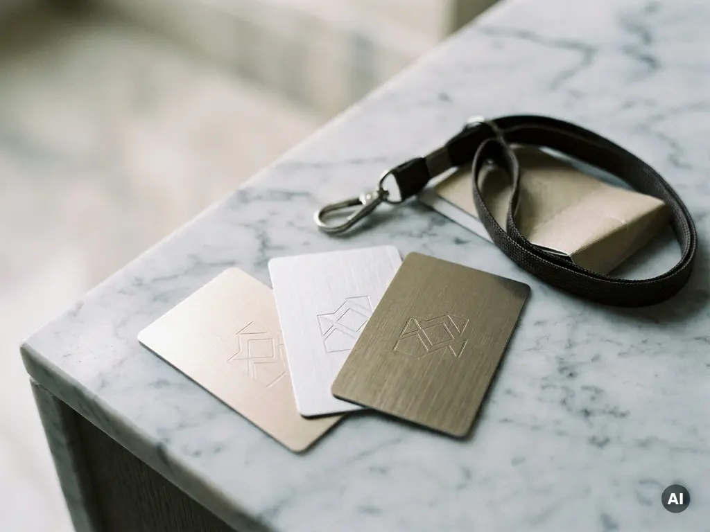 Hotel room keycards fanned out on polished marble beside an event lanyard, shot in cool white and warm champagne tones.